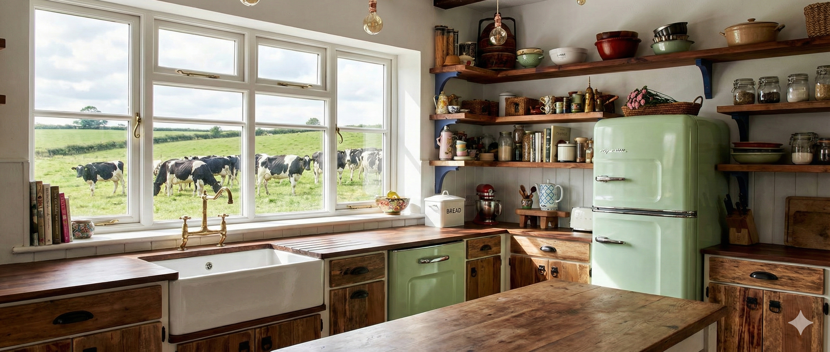 Farmhouse kitchen with cows outside